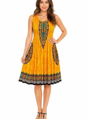 Advanced Apparels Yellow Sleeveless Printed Midi Summer Dress One Size Fits Most